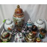 Selection of 20th C Chinese lidded ginger jars, large Satsuma lidded vase, two wooden dolls etc.