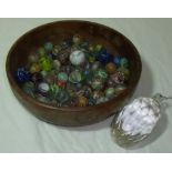 Selection of vintage marbles and large cut glass pear shaped droplet in turned wooden bowl