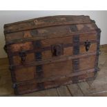 Wooden slatted dome topped vintage travel trunk (width 77cm)