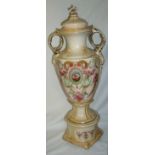 Edwardian twin handled urn on square base with hand painted and gilt floral pattern (62cm)