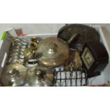 Two silver plated toast racks, two chrome spirit burners, small pair of brass candlesticks,