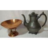 19th C pewter lidded jug and a Linton copper fruit stand