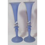 Pair of 19th /20th C opague blue glass vases with flared rims and applied trailed contrasting glass