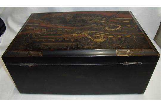 Early 20th C Japanese lacquered writing box the rectangular hinged lid with gilt and red lacquer - Image 9 of 12