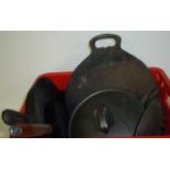 Selection of cast iron stove pans including griddle pan, frying pan, casserole pans etc.