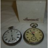 Ingersoll open face pocket watch with relief moulded train design to case back and Waltham & Co