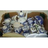 Box of assorted Ringtons blue and white Willow Pattern table ware including teapot, mugs,