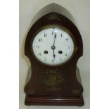 Late 19th / early 20th C mahogany mantel clock with inlaid brass stringing and floral bouquet with