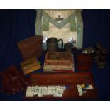 Fattorini leather Masonic apron, pair of leather driving gloves, binocular case,