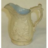 Small 19th c earthenware jug with relief moulded design depicting children playing (height 13cm)