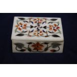 Rectangular alabaster and specimen stone box with lift off lid decorated with various floral scenes
