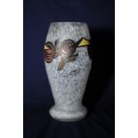 Legvas Studioware glass vase with frosted mottled finish and overlaid pattern, signed (21,