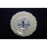 18th C blue & white glazed Leeds or West Yorkshire pottery side plate with oriental scene,