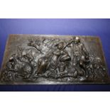 Large heavy bronze plaque depicting a shepherdess and and shepherd reclining by a tree with sheep