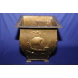 Early 20th C over painted copper Newlyn school style copper jardiniere with embossed panel