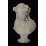 19th C Parion Ware ceramic bust of a veiled lady with elaborate floral garland headpiece on turned