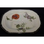 Large Creamware meat dish with gravy well illustrated with three botanical specimens named in