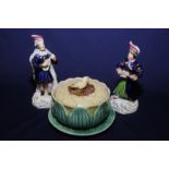 Pair of Staffordshire Russian style musician figures (17cm high) and a 19th C mottle glazed