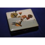 Early 20th C Japanese lacquered box with hinged top with painted floral scene and duck in flight