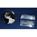 Selkirk glass paperweight with internal swirled design and engraved signature to base and dated