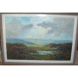 Small framed oil on board depicting moorland setting with sheep and pond to foreground signed lower