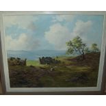 Small framed oil on board depicting moorland setting with trees and stone wall and gate signed