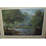 Small framed oil on board depicting woodland setting with river to foreground signed lower left by