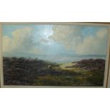 Small framed oil on board depicting moorland setting with sheep to foreground signed lower right by