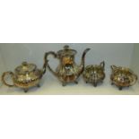 Four piece silver plated tea set with engraved detail