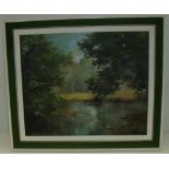 Small framed oil on board depicting countryside setting with river to foreground signed lower left