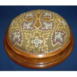 Victorian mahogany circular footstool with wool work cross stitch upholstered top (diameter 32.