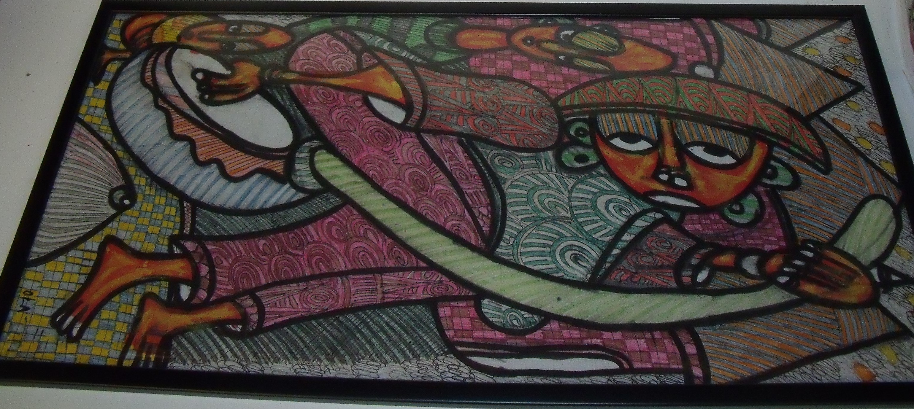 Framed painting on linen depicting tribal figures signed Ola (79cm X 39.