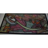 Framed painting on linen depicting tribal figures signed Ola (79cm X 39.