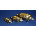 Set of three graduating brass pigs