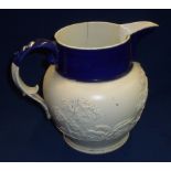 19th C jug with releif moulded hunting scene and blue glazed rim (with stapled repair) (height