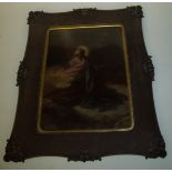 19th C Crystoleum depicting religious scene in fancy oak frame (45cm x 55cm including frame and