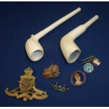 Royal Artillery cap badge, HM KIng Edward VIII Coronation 1937 enamel badge, two clay pipes etc.