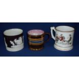 Three 19th C tankards including frog mug with relief moulded pattern of men drinking,