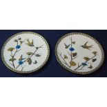 Pair of 19th C cabinet plates with hand painted gilt and enamel decoration of swallows and