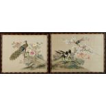 Two early 20th century Chinese paintings on silk depicting birds among flowering shrubs, the