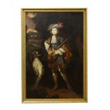 Property of a lady - English school, 18th century style - A HUNTSMAN WITH SPANIEL - oil on canvas,