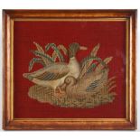 Property of a lady - a Victorian plushwork & needlework picture depicting two mallard ducks, drake &