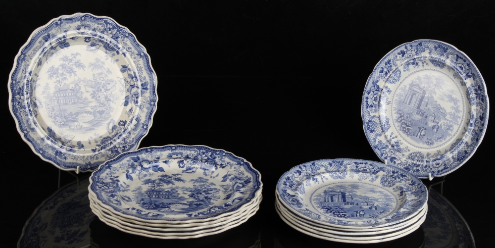 Property of a deceased estate - a set of six early 19th century blue & white 'Royal Cottage' pattern