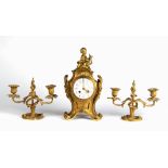 Property of a lady - a 19th century French ormolu cased mantel clock garniture, the rocaille clock