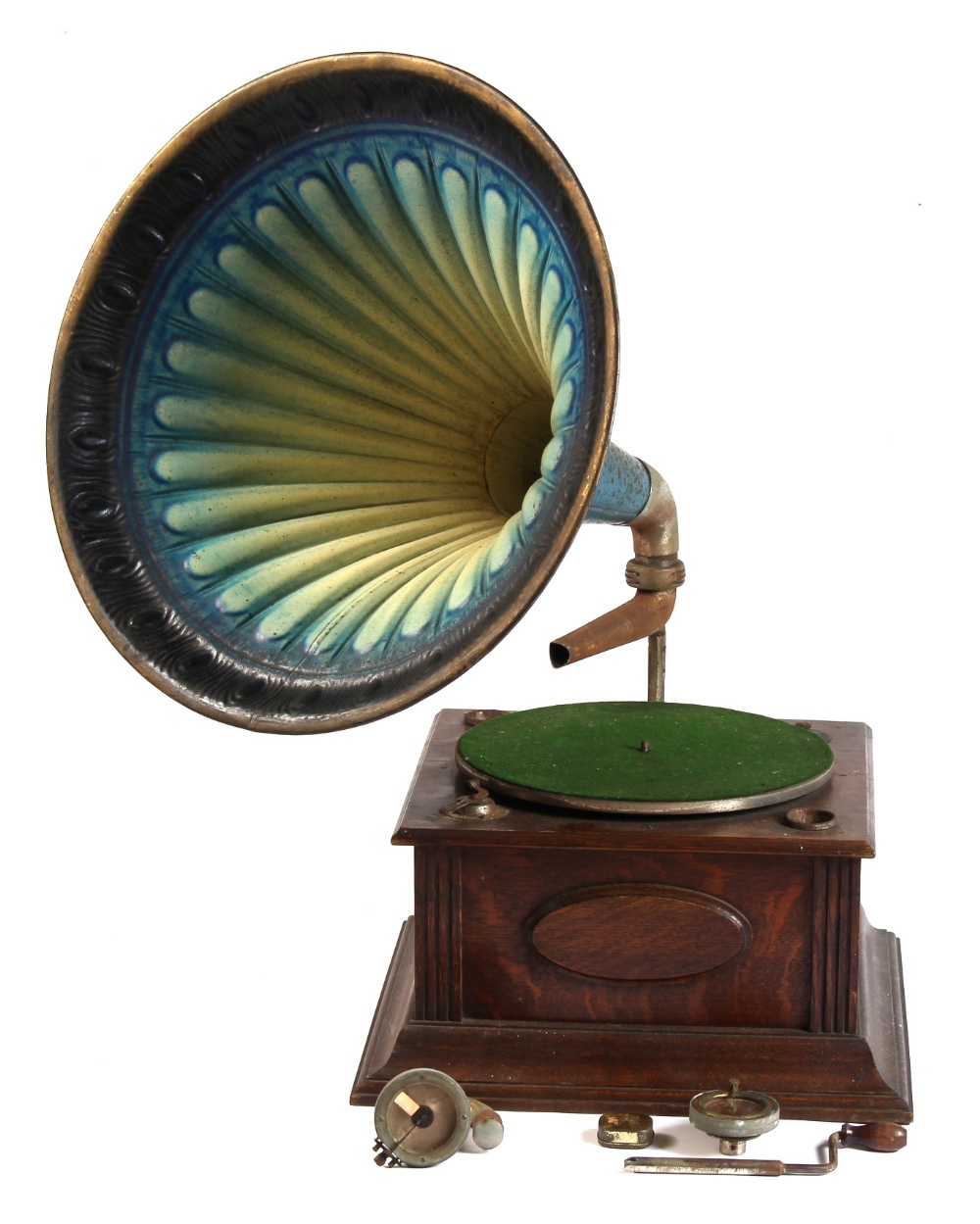 Property of a gentleman - an early 20th century oak cased wind-up gramophone with blue pressed metal