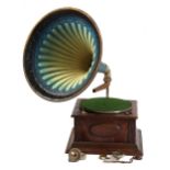 Property of a gentleman - an early 20th century oak cased wind-up gramophone with blue pressed metal