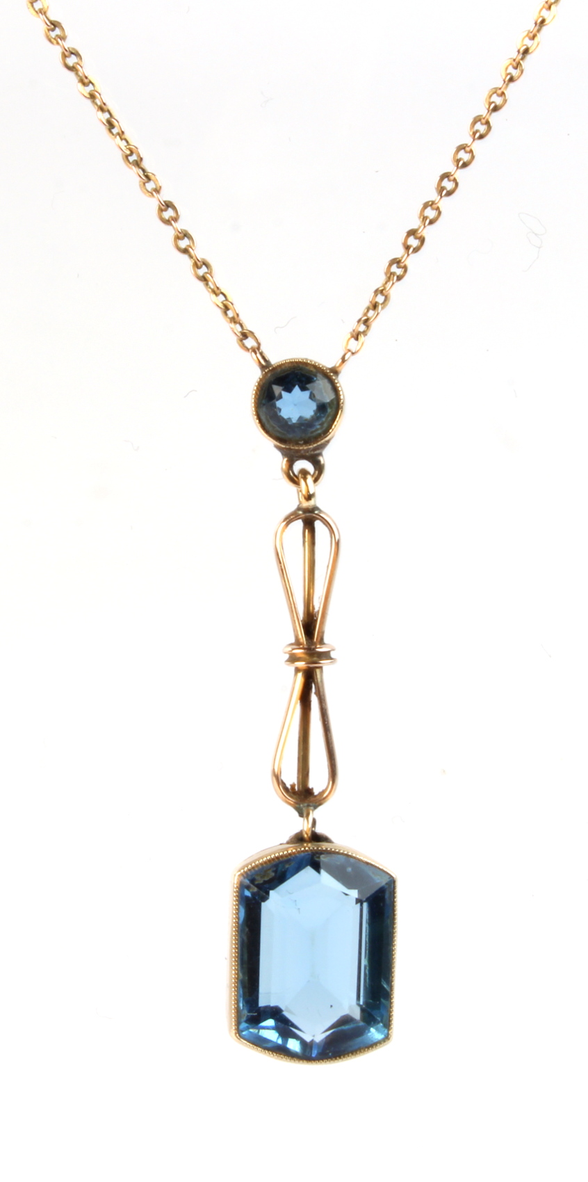 Property of a deceased estate - a 9ct gold pendant chain necklace set with two bright blue stones,