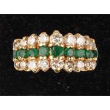 Property of a gentleman - a 14ct yellow gold emerald & diamond three row ring, size P/Q,