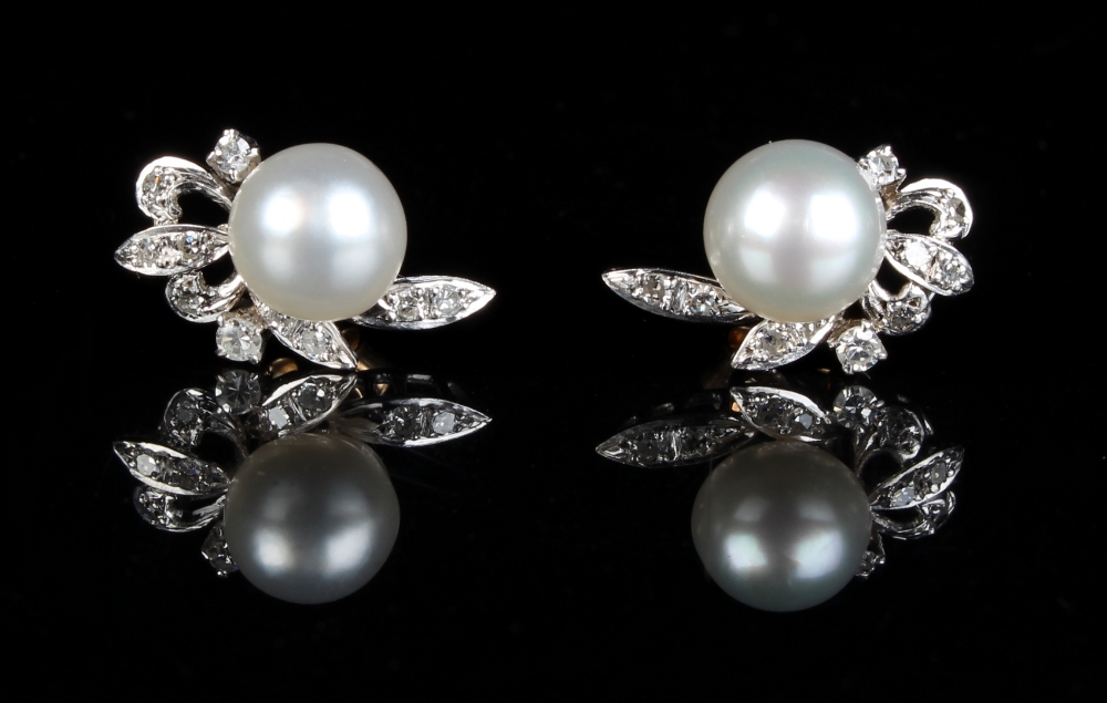 A pair of 18ct white gold single pearl & diamond leaf earrings, the pearls approximately 7mm (2) (