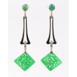 A pair of Art Deco style carved jadeite & black enamel pendant earrings, set with diamonds, each 2.